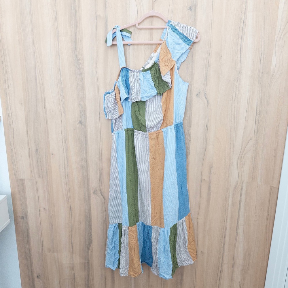 Lauren Conrad Tiered Maxi Dress XXL Stripe One Shoulder Cottage Coastal Boho - Picture 1 of 7